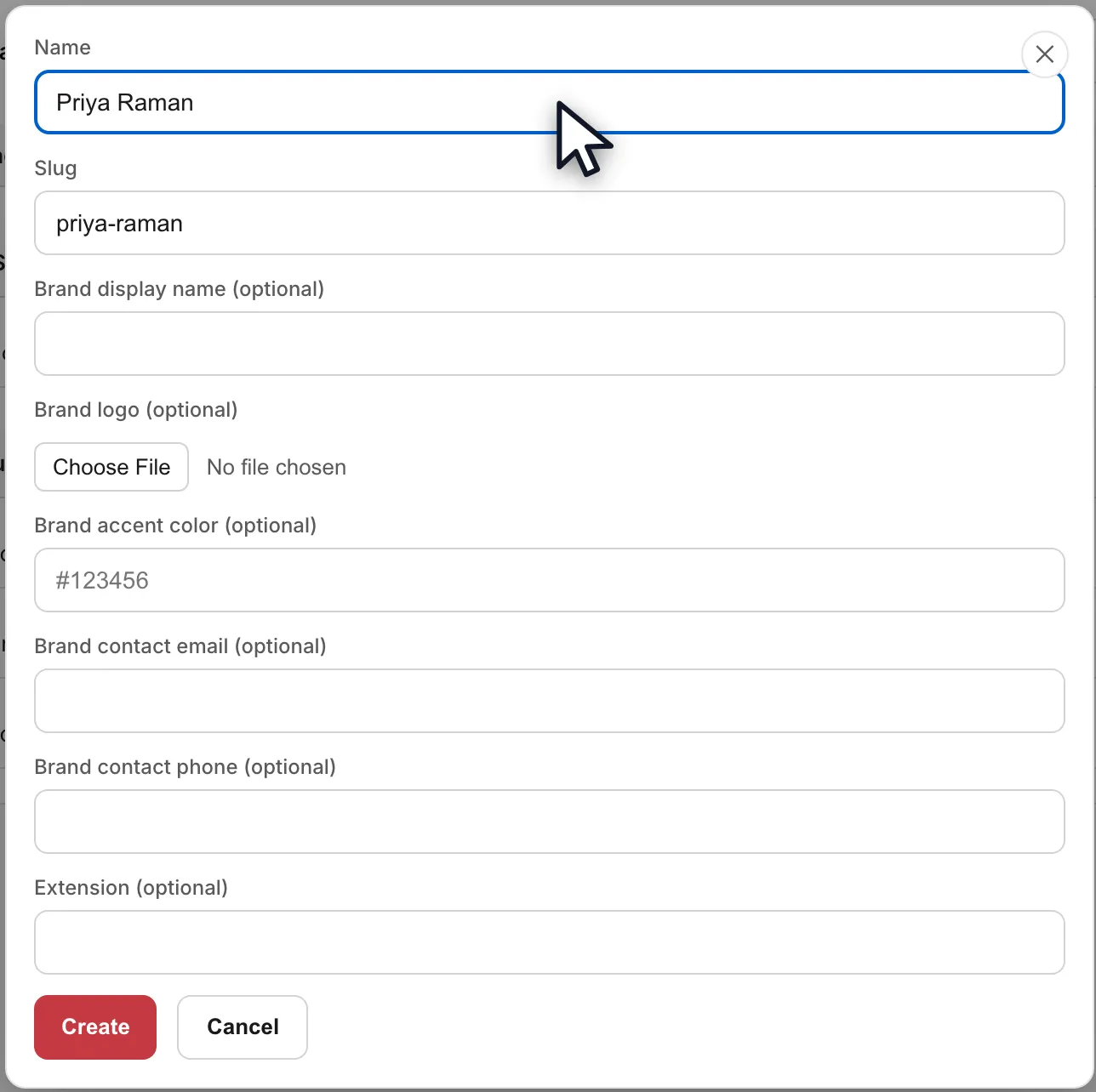 The Add agent dialog with the name Priya Raman typed and the slug priya-raman filled in automatically.