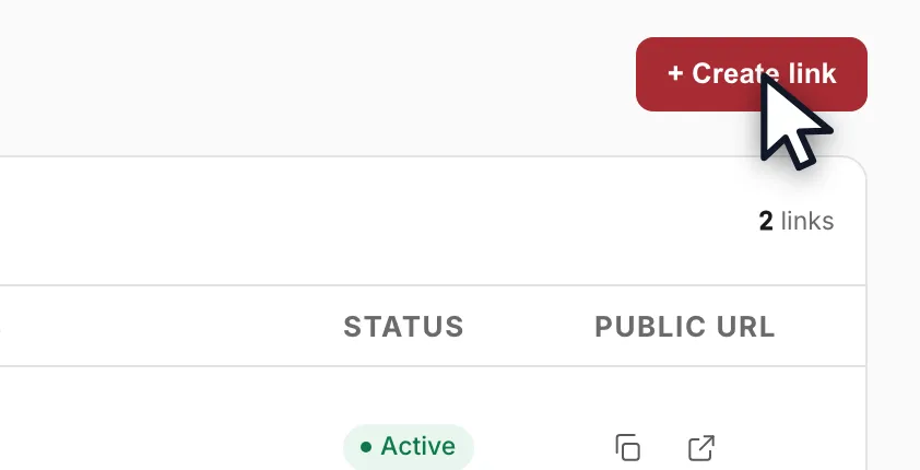 The Onboarding Links page, with the Create link button highlighted in the top right.