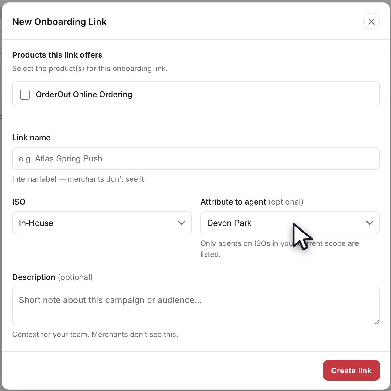 The New Onboarding Link dialog with an ISO selected and Attribute to agent set to an agent.
