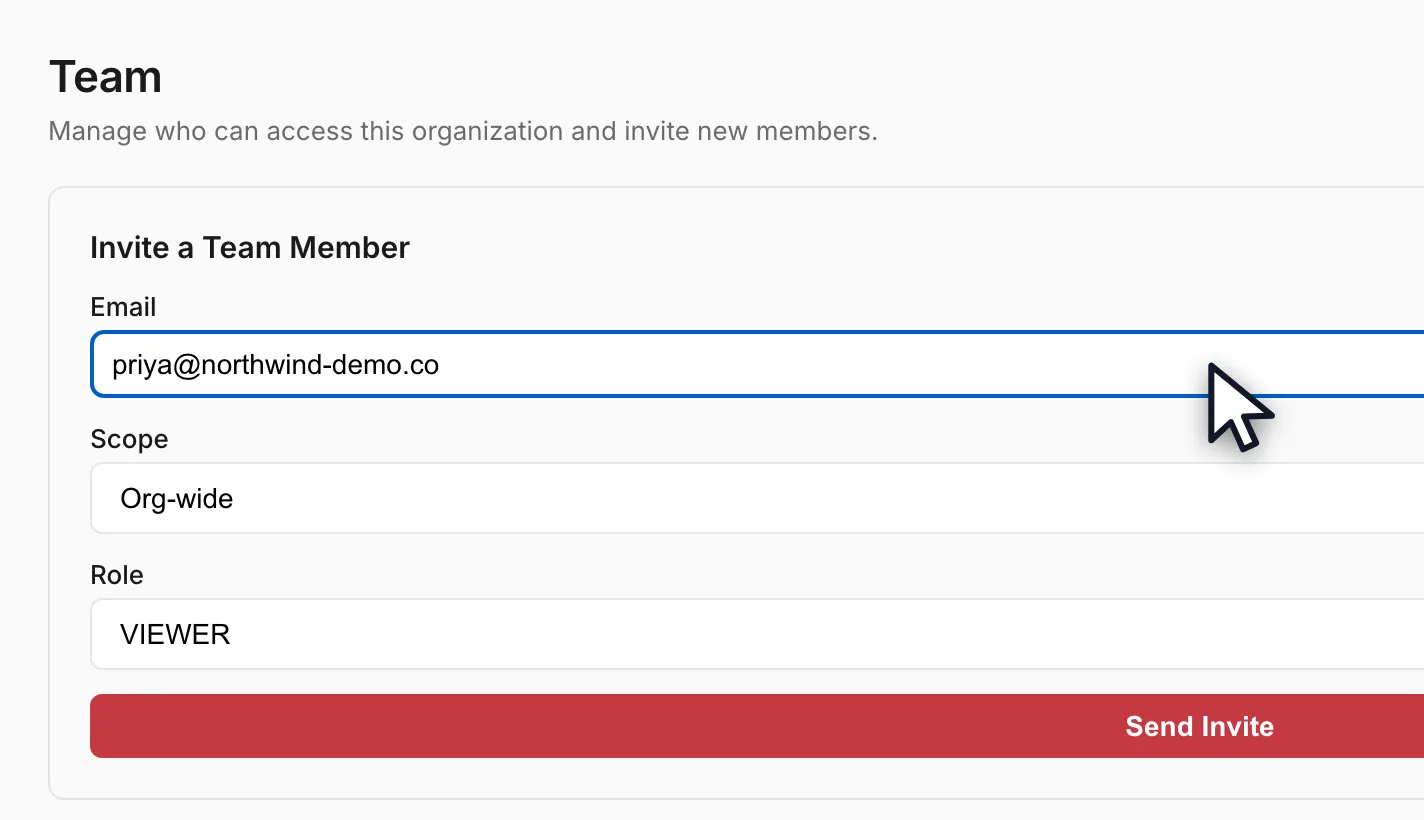 The Team page invite form with an email address entered, scope Org-wide and a role selected.