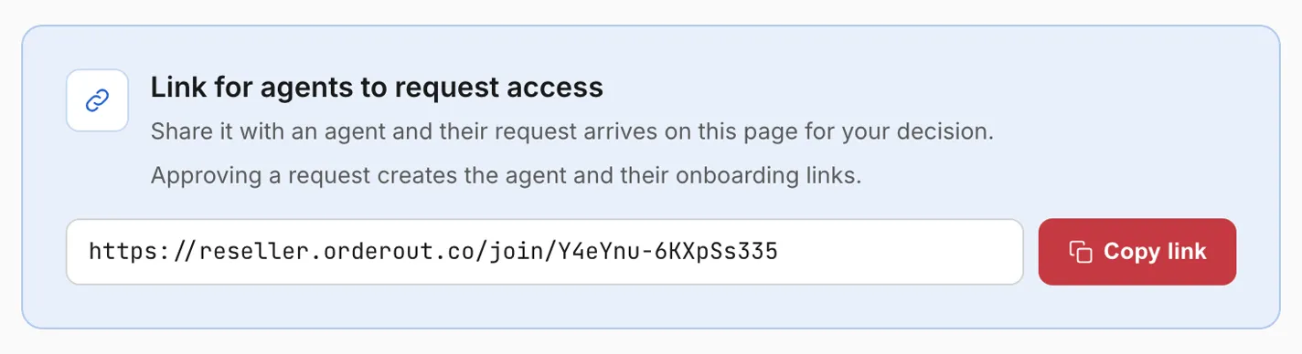 The Team page's request-link box: the title Link for agents to request access, the link itself in a box, and a red Copy link button.