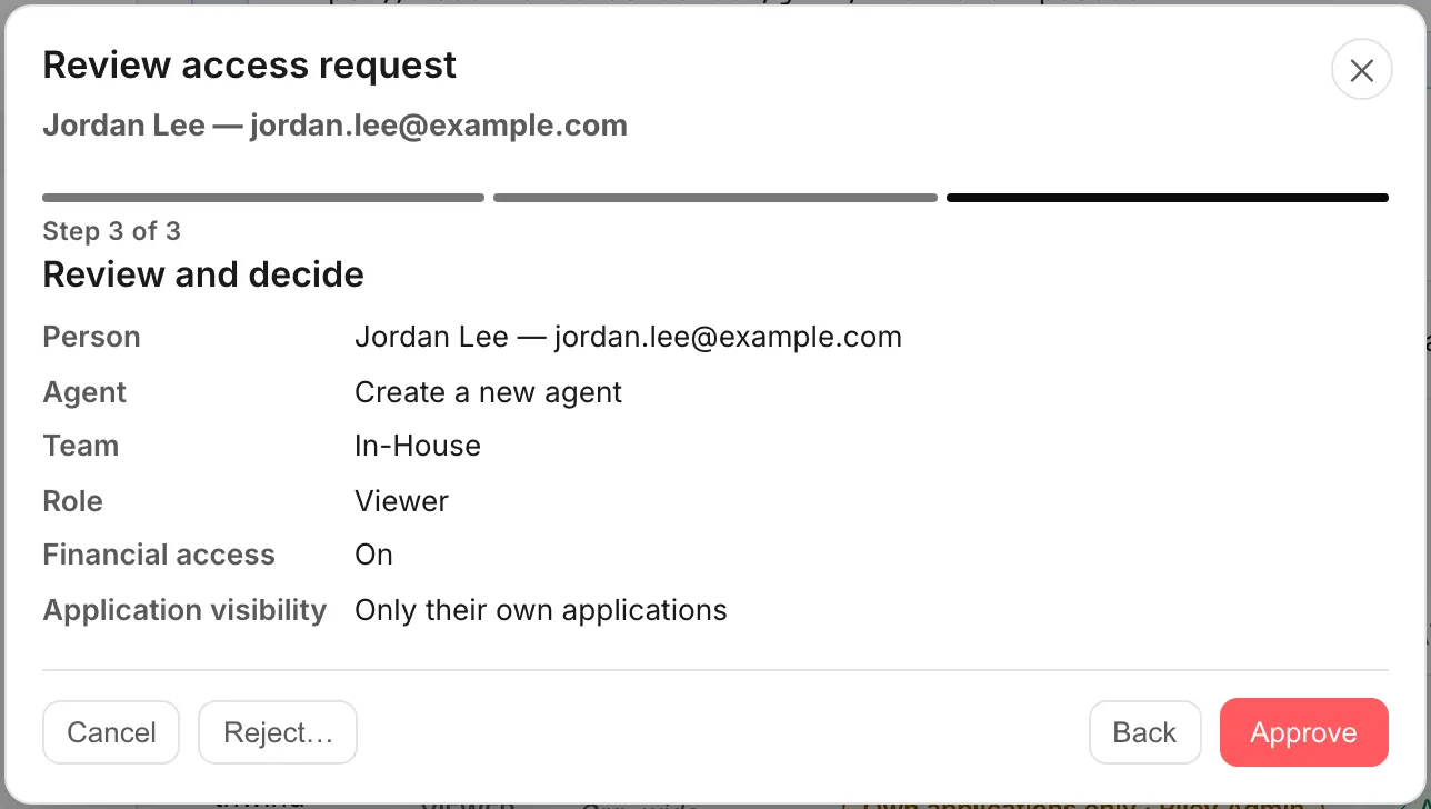 Step 3 of 3, Review and decide: a summary reading Create a new agent, the team, the role, financial access and application visibility, with Back and Approve buttons.