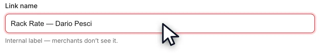 The Link name field in the dialog with an internal label typed in, and its hint below.
