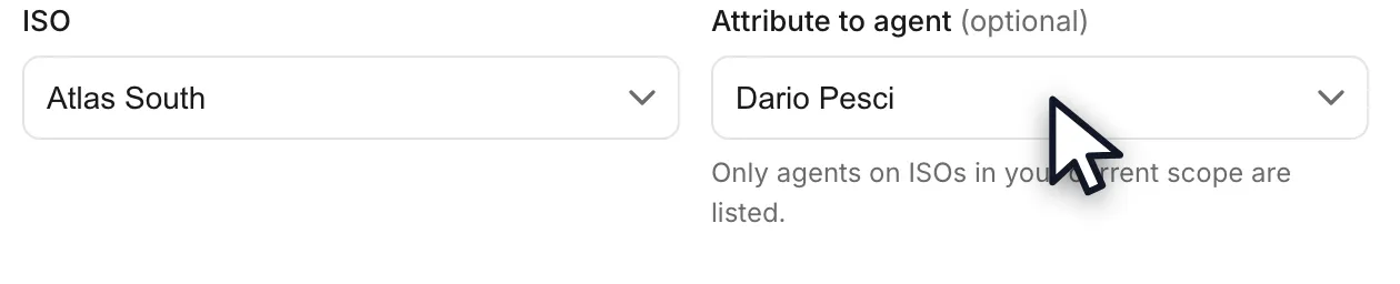 The ISO and Attribute to agent selects in the dialog, both set, above the optional Description field.