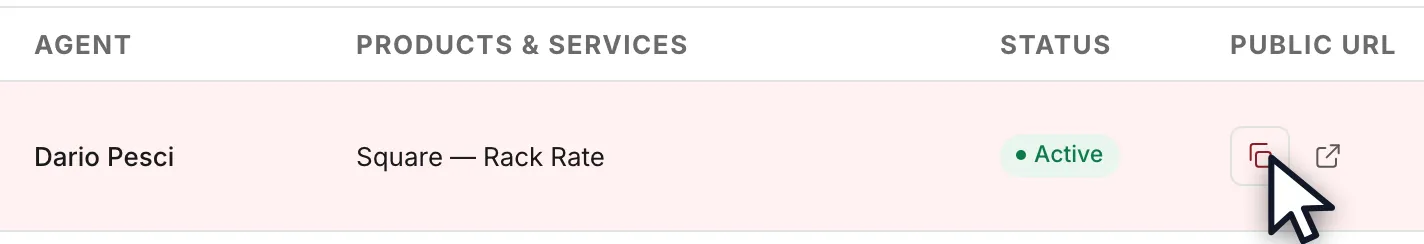 The new row in the Onboarding Links table, showing the agent, Square — Rack Rate, a green Active badge and the PUBLIC URL copy icon.
