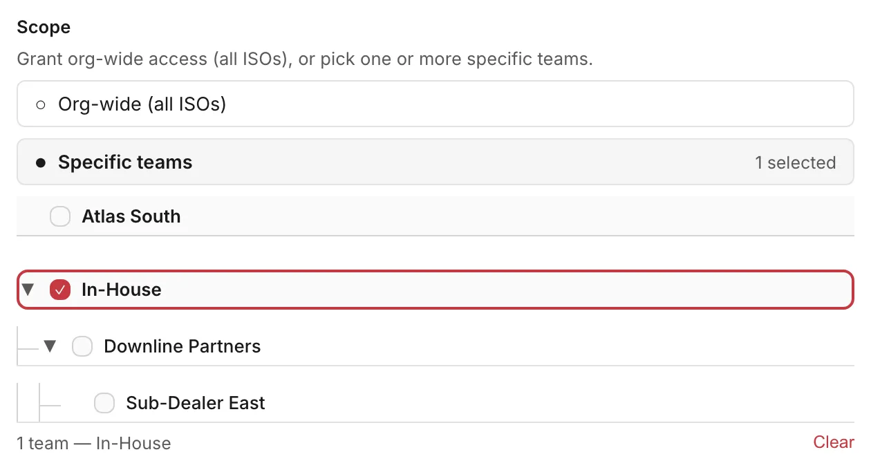 The Scope section of the Grant portal access dialog: Org-wide (all ISOs) or Specific teams, with the agent's own team ticked and the line 1 team, In-House.