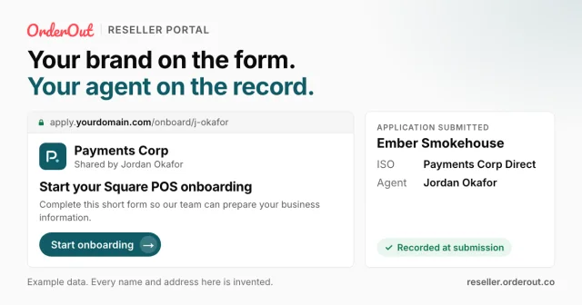 A card headed “Your brand on the form. Your agent on the record.”, showing a merchant onboarding form branded for a fictional reseller beside the ISO and agent recorded on the submitted application.