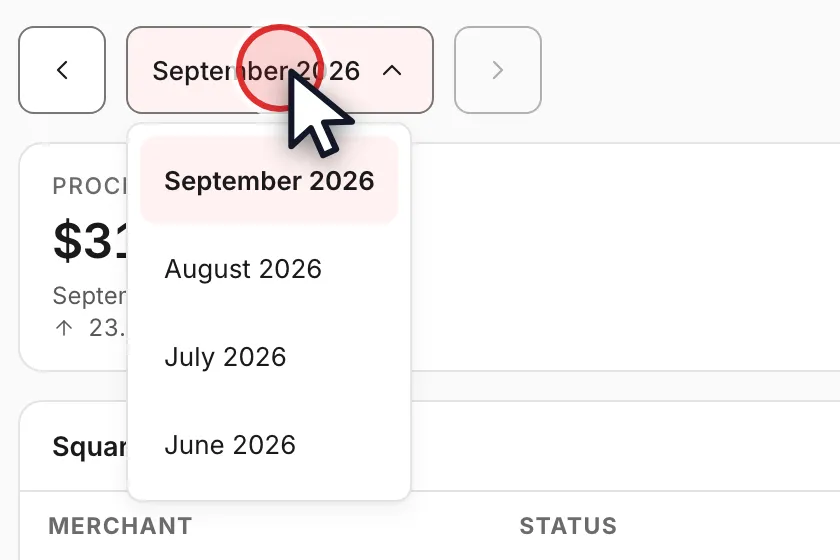 The month picker open, listing September, August, July and June 2026 with September marked as the current selection.