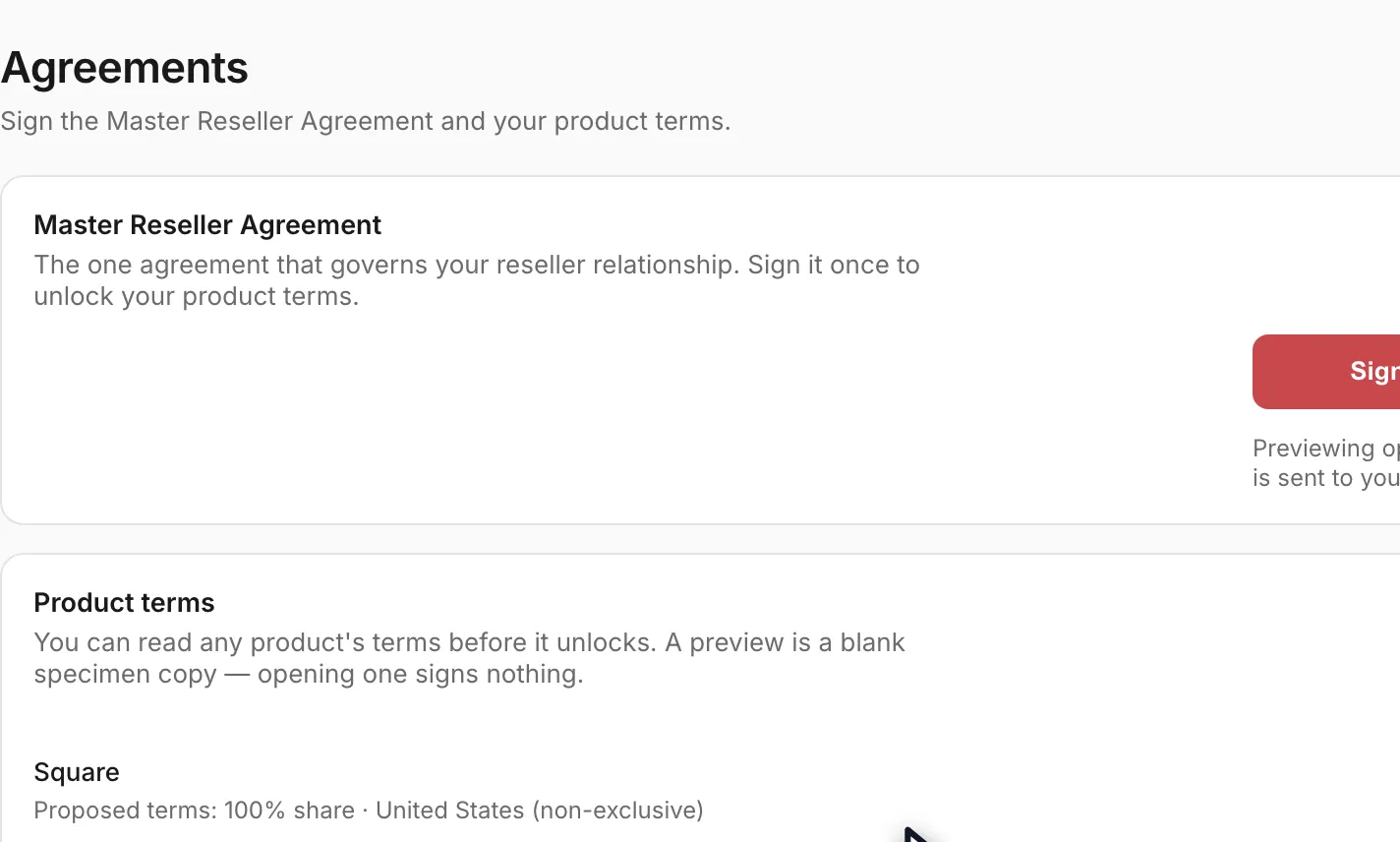 The Agreements page with the Master Reseller Agreement card above a Product terms card listing four products, every row reading Not signed.