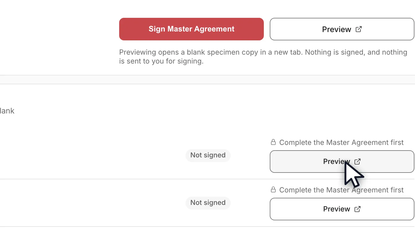 The right-hand column of the Agreements page: the Sign Master Agreement button, a Preview link, and beneath the Square row the note Complete the Master Agreement first beside its own Preview link.