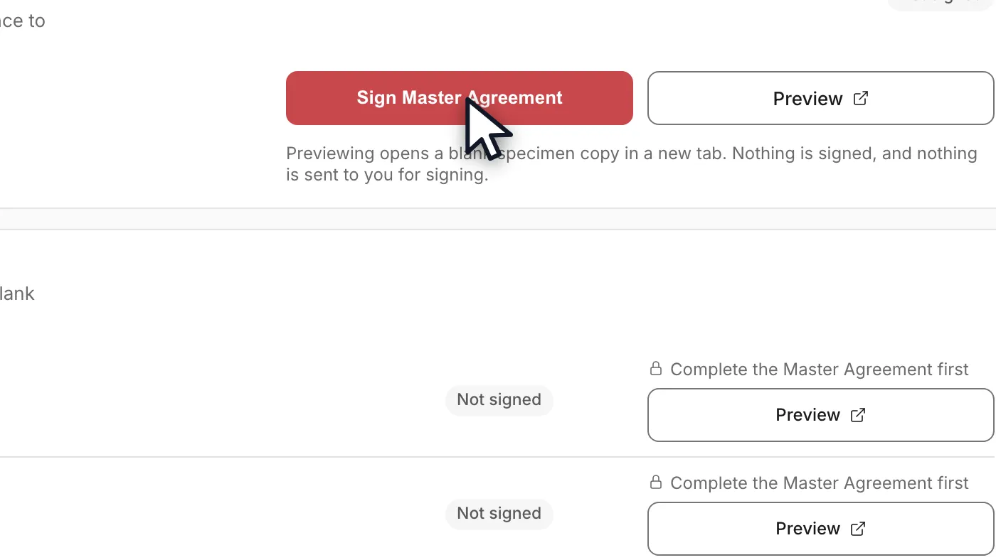 The cursor resting on the red Sign Master Agreement button, with the Preview link beside it and the note that previewing opens a blank specimen copy underneath.