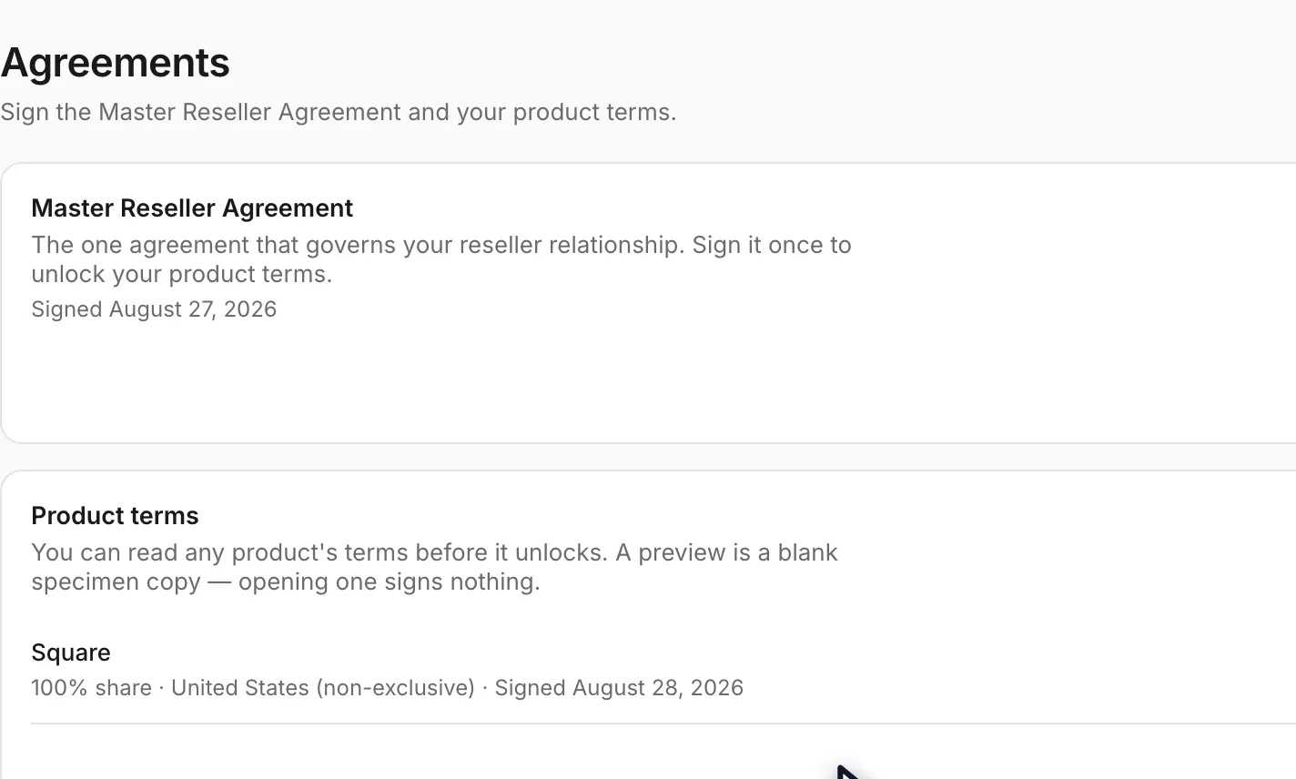 The Agreements page after signing: the Master Reseller Agreement carries a green Signed badge and a Download signed agreement button, and the remaining product rows now offer Sign product terms instead of a padlock note.