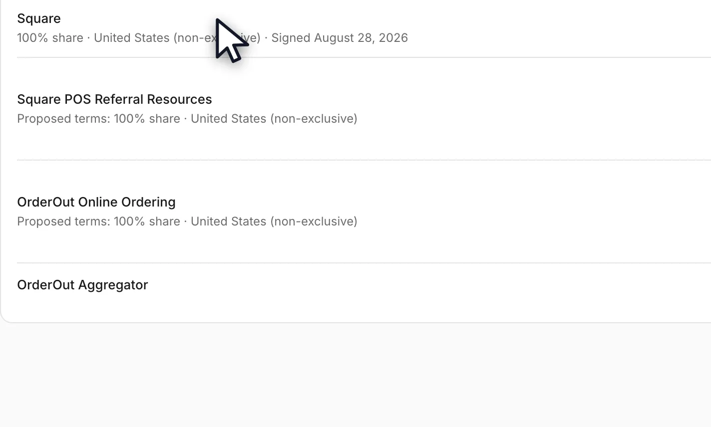 The Square row after signing, reading 100% share, United States (non-exclusive) and the date it was signed, where it previously read Proposed terms.