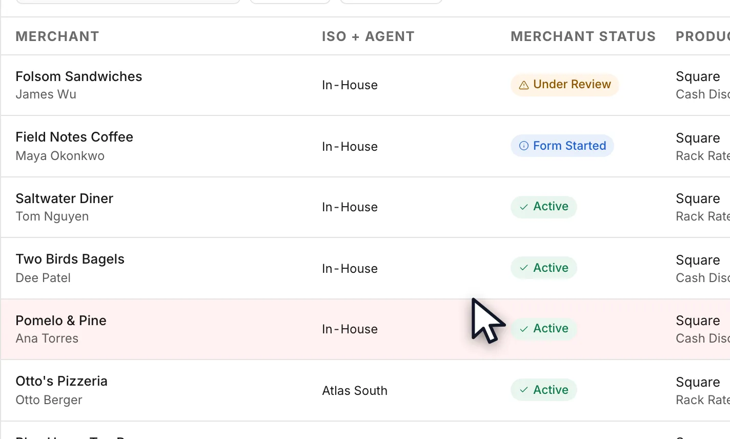 The Merchants table listing nine merchants with their ISO and agent, a status badge, the Square product and pricing they applied under, and the date created.