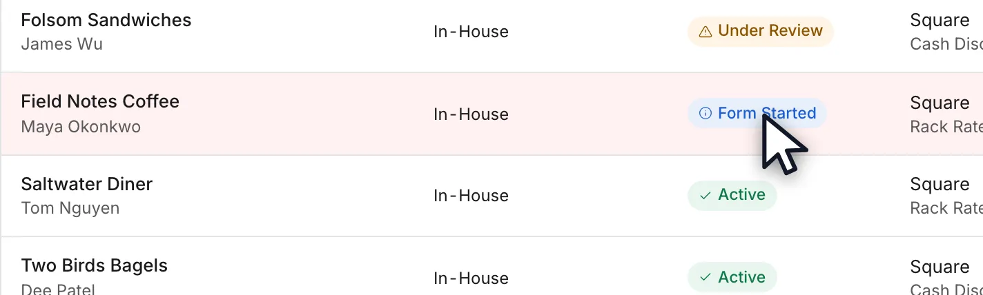 A merchant row carrying a blue Form Started badge in the Merchant Status column.