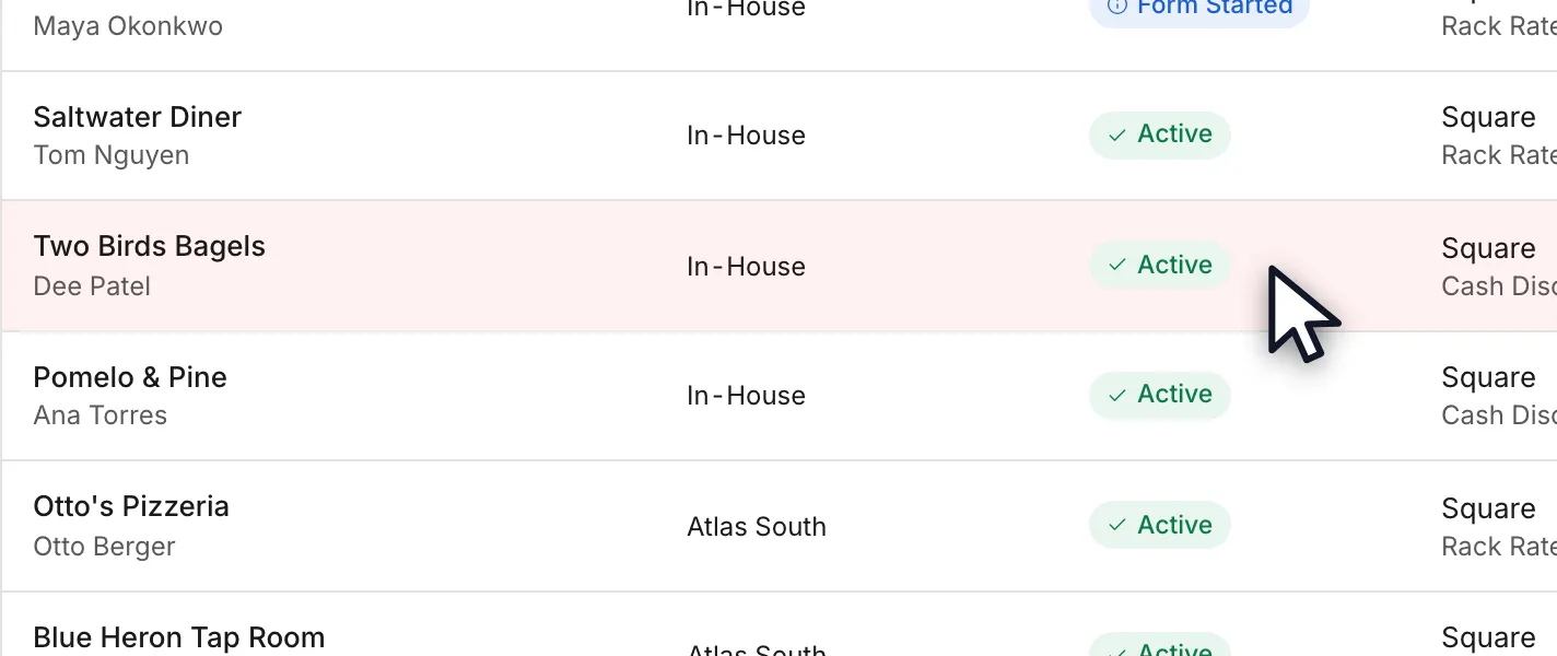 Several merchant rows all carrying a green Active badge, indistinguishable from each other in the list.