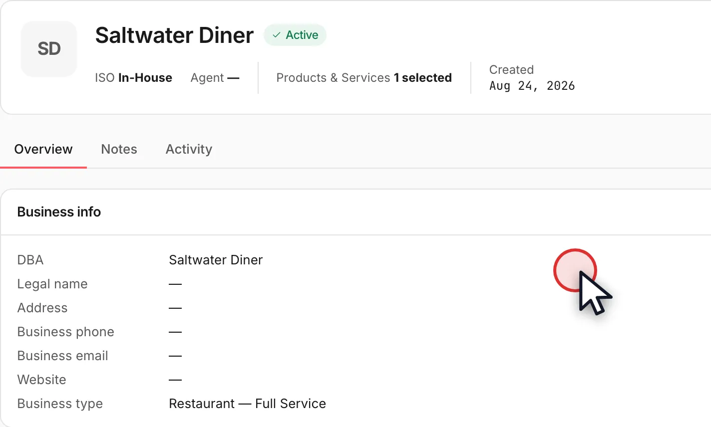 A merchant record reading Active at the top, whose Overview shows Business info and Owner info but no External IDs card at all.
