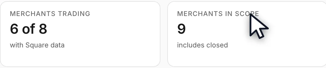The Merchants trading and Merchants in scope counts at the top of the Dashboard.